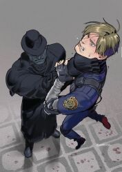  2boys black_gloves blonde_hair blue_shirt clenched_teeth colored_skin commentary dangling elbow_pads fedora fingerless_gloves from_above full_body gloves grey_skin hat leon_s._kennedy lifting_person male_focus mr._x_(resident_evil) multiple_boys nnnn1532 one_eye_closed police police_uniform resident_evil resident_evil_2 resident_evil_2_(remake) shirt short_hair strangling teeth undershirt untranslatable_commentary walkie-talkie white_shirt 