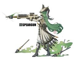  1girl aiming arrow_(projectile) belt black_gloves boots colored_smoke commentary_request english_text fighting_stance four-pointed_star frider gloves glowing glowing_eye green_eyes green_hair grey_boots hat helldivers_(series) holding holding_weapon long_hair long_sleeves object_and_personification optical_sight original pants personification planted planted_arrow polearm profile s-11_speargun saber_(weapon) sheath sheathed smoke solo spear star_(symbol) sword tachi-e watermark weapon weapon_personification white_pants 