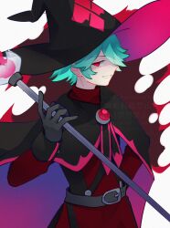  1boy albert_(outlander)_(puyopuyo) albert_(puyopuyo) aqua_hair belt belt_buckle black_belt black_cape black_gloves black_hat brooch buckle cape commentary_request gloves hair_over_one_eye hand_on_own_hip hat highres holding holding_staff jewelry lclfc looking_at_viewer male_focus one_eye_covered parted_lips purple_cape purple_hat puyopuyo puyopuyo_quest red_eyes red_shirt shirt short_hair sideways_glance simple_background smile solo staff standing two-sided_cape two-sided_fabric two-sided_headwear watermark white_background witch_hat 