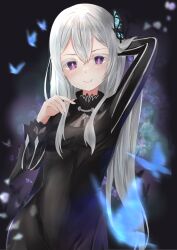  1girl abstract_background aqua_butterfly arm_behind_head black_butterfly black_dress blue_butterfly bug butterfly commentary_request dress echidna_(re:zero) glowing_butterfly highres kuro_okami long_hair re:zero_kara_hajimeru_isekai_seikatsu smile transparent_butterfly violet_eyes white_butterfly white_hair 