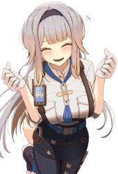  1girl absurdres animal_ears benjamin_1kt black_hairband blonde_hair blush breasts chest_harness closed_eyes commentary_request dog_ears dog_girl dog_tail gloves gradient_hair grey_hair hairband harness highres large_breasts multicolored_hair nijisanji shioriha_ruri shioriha_ruri_(1st_costume) simple_background solo standing standing_on_one_leg tail two-tone_hair virtual_youtuber white_background white_gloves 