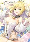  1girl :d bangs bare_shoulders belt belt_buckle blonde_hair blush breasts bridal_veil buckle chains cleavage collar contrapposto cowboy_shot detached_collar detached_puffy_sleeves detached_sleeves eyebrows eyebrows_visible_through_hair fate/extra fate/extra_ccc fate_(series) flower flower_wreath fuumi_(radial_engine) garter_straps gloves green_eyes groin hair_intakes hand_on_own_chest hands_up head_wreath highleg highleg_leotard holding juliet_sleeves large_breasts legs_together leotard lock long_sleeves looking_at_viewer open_mouth padlock padlocked_collar puffy_sleeves saber_bride saber_extra short_hair sidelocks smile standing strapless strapless_leotard teeth veil waist_cape white_flower white_gloves white_leotard wide_sleeves zipper 