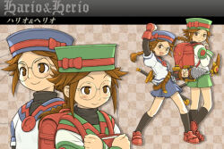  2000s_(style) 2girls backpack bag belt black_socks blue_hat blue_skirt braid brown_belt brown_eyes brown_hair character_name checkered_background closed_mouth commentary_request green_hat green_skirt hario_(summon_night) hat hat_ribbon herio_(summon_night) multiple_girls official_art ootsuka_shin'ichirou randoseru red_bag red_shoes ribbon round_eyewear school_uniform serafuku shoes siblings sidelocks single_braid sisters skirt smile socks summon_night summon_night:_swordcraft_story twins v-shaped_eyebrows 