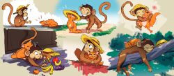  1boy 1girl ? absurdres anger_vein animal animalization apple banana bandaged_arm bandages blue_sky brown_fur cat cat_tail eating english_commentary food fruit full_body grapes grin hat highres hug licking looking_at_another mandarin_orange monkey monkey_d._luffy monkey_tail motion_lines multiple_views nami_(one_piece) notice_lines on_tree one_piece orange_cat orange_fur putting_on_headwear scar scar_on_cheek scar_on_face shoulder_tattoo sky sleeping sleeping_together smile straw_hat tail tattoo tears tree unworn_hat unworn_headwear zantinaa 