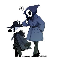 ... 1boy 1non-binary ? alternate_costume arthropod bandana belt black_coat black_pants black_shoes black_skin blue_coat buttons coat coat_on_shoulders curious fur_trim hand_in_pocket hand_on_face hands_in_pockets hollow_eyes hollow_knight horns knight_(hollow_knight) looking_afar mask necktie quirrel shoes tricorne zahanh