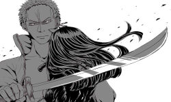  1boy 1girl back earrings greyscale holding holding_sword holding_weapon hug hunter6126 jewelry light_particles looking_ahead monochrome nico_robin one_piece roronoa_zoro short_hair stitched_torso stitches sword v-shaped_eyebrows weapon 