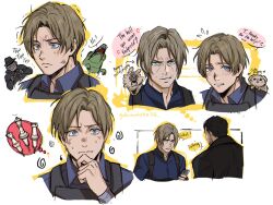 1boy alligator before_and_after black_vest blue_eyes blue_shirt brown_hair chest_holster chris_redfield collared_shirt crocodilian gokunobaka hand_on_own_chin leon_s._kennedy male_focus mature_male mr._x_(resident_evil) multiple_views resident_evil resident_evil_2 resident_evil_requiem resident_evil_village shirt short_hair vest 