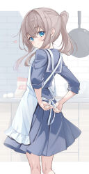  1girl absurdres apron blue_eyes blue_sailor_collar blue_serafuku blue_shirt blue_skirt brown_hair commentary_request counter egg feet_out_of_frame flour from_behind frying_pan highres indoors kitchen kneepits long_hair looking_at_another omo_omochi_zzz original ponytail sailor_collar school_uniform serafuku shirt skirt solo tying_apron white_apron 