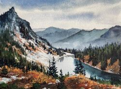  commentary english_commentary forest gouache_(medium) grey_sky kate_avery lake mountain nature no_humans original overcast painting_(medium) real_world_location scenery sky traditional_media tree washington_(state) 