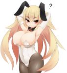  1girl ? animal_ears armpits arms_up bare_shoulders black_legwear blonde_hair blush bow bowtie breasts bunny_girl bunnysuit cleavage covered_navel detached_collar elbow_gloves fake_animal_ears fishnet_pantyhose fishnets gloves hair_lift highres large_breasts leotard long_hair original pantyhose rabbit_ears red_eyes simple_background solo white_gloves wrist_cuffs zasuta 