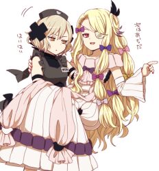  2girls akasata animal_print bird_print blonde_hair bow carrying commentary_request dress eyepatch grey_hair hair_ornament hat long_hair mahou_shoujo_ikusei_keikaku mahou_shoujo_ikusei_keikaku_restart multiple_girls nurse_cap open_mouth pfle princess_carry purple_bow red_eyes red_nails shadowgale smile translated white_background wide_sleeves x_hair_ornament yellow_bow 