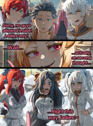  3boys 4girls absurdres alternate_costume black_gloves black_hair blonde_hair blue_eyes breasts brown_eyes capella_emerada_lugunica commentary dress english_commentary frown genderswap genderswap_(mtf) glaring gloves highres jacket large_breasts long_hair long_sleeves looking_at_viewer mayngomay multiple_boys multiple_girls natsuki_subaru open_mouth outdoors re:zero_kara_hajimeru_isekai_seikatsu red_eyes red_hair regulus_corneas reinhard_van_astrea shirt track_jacket white_dress white_hair white_shirt 
