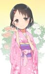  1girl black_hair blush chrysanthemum eyebrows_visible_through_hair floral_print flower gradient gradient_background hair_ornament hairclip highres holding holding_hair idolmaster idolmaster_cinderella_girls japanese_clothes kimono light_smile looking_at_viewer obi patterned_clothing pink_kimono sasaki_chie sash short_hair solo wide_sleeves yama_tatsuo 