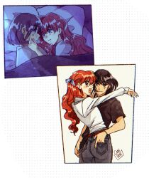  2girls black_eyes black_hair black_pants black_shirt blue_eyes camille_nne commentary_request cuddling highres lara_(sayonara_lara) long_hair multiple_girls ootsu_mari pants pillow red_hair sayonara_lara shirt short_hair smile spanish_commentary stitched_tongue under_covers white_shirt yuri 