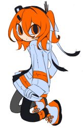  1girl a.i._voice adachi_rei black_hairband black_pantyhose closed_mouth double-parted_bangs full_body gloves hair_between_eyes hairband headlamp highres jacket kneeling long_sleeves looking_at_viewer medium_hair one_side_up orange_hair pantyhose shoes simple_background sleeves_past_wrists solo unoskipdrawtwo utau white_background white_gloves white_jacket white_shoes 