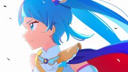  1girl blue_cape blue_eyes blue_hair cape closed_mouth cure_sky cut_bangs dress earclip from_side frown hair_ornament highres hikota. hirogaru_sky!_precure long_hair looking_to_the_side magical_girl multicolored_hair pink_hair portrait precure red_cape single_sidelock sleeveless sleeveless_dress solo sora_harewataru streaked_hair twintails two-sided_cape two-sided_fabric white_dress wing_hair_ornament 