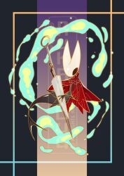  1girl adapted_costume arthropod_girl black_skin cloak colored_skin fins full_body hollow_eyes hollow_knight hollow_knight:_silksong horned_mask hornet_(hollow_knight) horns kneeless_merfolk mask merfolk mermaid monster_girl needolin_(hollow_knight) red_cloak rukan solo watermark white_mask 