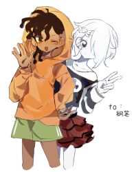  1boy 1girl arrcticc_fish brown_hair carrie_krueger colored_skin dark-skinned_male dark_skin darwin_watterson ghost ghost_girl green_shoes hair_ornament hair_over_one_eye highres hood hoodie humanization orange_hoodie personification shirt shoes short_hair simple_background skirt skull_hair_ornament smile the_amazing_world_of_gumball white_hair 