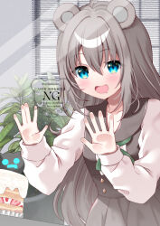  1girl :d against_glass animal_ears bear_ears blue_eyes blush brown_hair brown_skirt cake collarbone commentary commission day drooling food hair_between_eyes long_hair long_sleeves mouth_drool original pleated_skirt puffy_long_sleeves puffy_sleeves shirt skeb_commission skirt sleeves_past_wrists smile solo sunlight suspender_skirt suspenders uchuuneko upper_body very_long_hair watermark white_shirt window window_blinds 