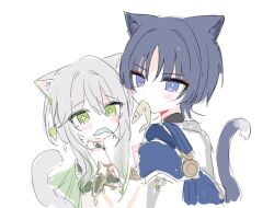  1boy 1girl alternate_hairstyle animal_ears armlet black_tail blue_cape blunt_ends blush braid bright_pupils cape cat_boy cat_ears cat_girl cat_tail cross-shaped_pupils detached_sleeves eyelashes eyeliner fish fish_in_mouth genshin_impact gold_armlet green_cape green_sleeves grey_hair grey_tail hair_intakes half_crown_braid hand_on_another's_chest japanese_clothes jewelry kimono long_sidelocks looking_at_viewer makeup nahida_(genshin_impact) red_eyeliner scaramouche_(genshin_impact) short_hair short_hair_with_long_locks side_cape sidelocks single_bare_shoulder sketch symbol-shaped_pupils tail tsurime turtleneck violet_eyes wanderer_(genshin_impact) wheat_02 white_background white_kimono white_pupils wispy_bangs wolf_cut yellow_pupils 