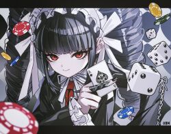  1girl absurdres ace_(playing_card) ace_of_spades black_hair black_jacket black_nails blunt_bangs card celestia_ludenberg colaoud commentary cross-laced_clothes cross-laced_sleeves danganronpa:_trigger_happy_havoc danganronpa_(series) dice drill_hair eyelashes frilled_sleeves frills hairband highres holding holding_card jacket lapels letterboxed lolita_hairband long_hair long_sleeves necktie notched_lapels outside_border playing_card poker_chip red_eyes red_necktie sanpaku shirt sidelocks solo spade_(shape) twin_drills upper_body white_hairband white_shirt 