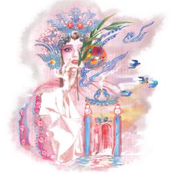  1boy 1girl bird black_eyes black_hair blue_bird branch chinese_clothes chinese_commentary coin_bangs commentary_request eyeshadow fengguan floral_print futou gate hand_up hanfu highres holding holding_branch leaf looking_at_viewer makeup multiple_views one_eye_covered orchid_fingers parted_lips peking_opera pink_eyeshadow pink_hanfu projected_inset real_life realistic red_hanfu red_lips red_nails reflection reflective_liquid smile smoke solo_focus straight-on sun upper_body water watermark weibo_watermark white_background wide_sleeves xiangyun yan071125 