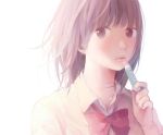  1girl blurry blurry_background brown_eyes brown_hair hinata_(lipcream) lip_balm looking_at_viewer original short_hair simple_background solo white_background wide-eyed 