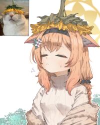  1girl animal_ear_fluff animal_ears black_hairband black_scrunchie blue_archive breasts brown_sweater cat_ears cat_girl closed_eyes closed_mouth commentary droopy_ears english_commentary flower flower_on_head flying_sweatdrops hair_flower hair_ornament hair_scrunchie hairband halo highres long_hair lord_potato low-tied_long_hair mari_(blue_archive) orange_hair photo-referenced photo_inset reference_inset scrunchie shawl simple_background small_breasts solo sunflower sweater turtleneck turtleneck_sweater upper_body white_background white_flower yellow_halo 