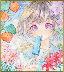  1girl amu_(m_aa) black_hair blue_neckerchief bud bug chinese_lantern_(plant) clouds commentary_request day dragonfly flower food grey_sailor_collar highres holding holding_food holding_popsicle neckerchief open_mouth original outdoors painting_(medium) pink_flower popsicle portrait purple_flower red_flower sailor_collar sailor_shirt shikishi shirt short_hair solo spider_lily sunflower susuki_grass teeth traditional_media upper_teeth_only violet_eyes watercolor_(medium) white_shirt 