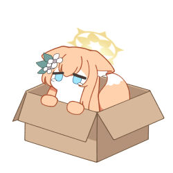  1girl animalization apricotlemontea blue_archive blue_eyes box cardboard_box commentary_request double-parted_bangs droopy_ears flower fluffy_hair hair_between_eyes halo highres in_box in_container mari_(blue_archive) ponta_itachi sidelocks simple_background solo tearing_up white_background white_flower yellow_halo 