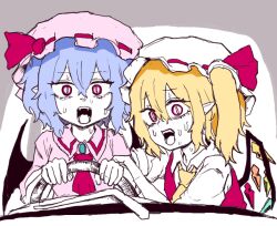  2girls ascot bat_wings blonde_hair blue_hair brooch collared_shirt crystal crystal_wings driving flandre_scarlet hair_between_eyes hat hat_ribbon highres jewelry looking_at_viewer medium_hair mob_cap multicolored_wings multiple_girls one_side_up open_mouth pink_hat pink_shirt pointy_ears rampa93 red_ascot red_eyes red_vest remilia_scarlet ribbon shirt siblings sisters steering_wheel sweat touhou upper_body vest white_hat white_shirt wings yellow_ascot 