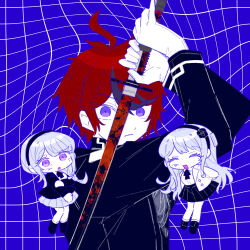  1boy 2girls :/ ^_^ ahoge arms_behind_back black_boots black_flower black_hair black_hairband black_jacket black_ribbon black_skirt blue_background boots braid breasts chibi closed_eyes closed_mouth colored_skin commentary_request flower flower_hairband gloves grey_hair grey_skirt hair_between_eyes hairband hand_on_own_arm highres holding holding_sword holding_weapon jacket kashimiya_karua kirifuji_nozomi last_defense_academy_school_uniform long_sleeves mole mole_under_eye multicolored_hair multiple_girls neck_ribbon open_clothes open_jacket open_mouth pleated_skirt red_hair ribbon school_uniform shirt short_hair sideboob single_braid skirt socks streaked_hair sumino_takumi sword swtr_hndr the_hundred_line_-last_defense_academy- two-tone_hair violet_eyes weapon white_gloves white_jacket white_shirt white_skin white_socks 