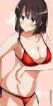  1girl bikini black_hair blush breasts brown_eyes cleavage cosplay cowboy_shot katou_megumi lowleg lowleg_bikini medium_breasts navel pink_background red_bikini saenai_heroine_no_sodatekata sawamura_spencer_eriri sawamura_spencer_eriri_(cosplay) short_hair simple_background solo swimsuit tasora twitter_username 