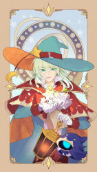  1boy absurdres aqua_cape aqua_coat aqua_eyes aqua_hat ascot belt blue_eyes cape capelet coat commentary_request cowboy_shot crescent crescent_hat_ornament familiar floating floating_object ghost gloves green_hair hat hat_belt hat_ornament highres holding holding_lantern lantern lclfc looking_at_viewer male_focus medium_hair neck_tassel one-eyed open_clothes open_coat open_mouth orange_cape orange_hat pants print_cape print_hat puyopuyo puyopuyo_quest red_belt red_capelet red_pants rozatte_(puyopuyo) shirt smile solo standing star_(symbol) star_hat_ornament star_print tassel two-sided_cape two-sided_fabric two-sided_headwear watermark white_ascot white_gloves white_shirt witch_hat 