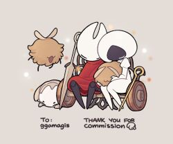  2girls 3others :3 animal_hug antennae arthropod_girl beastling_(hollow_knight) black_skin bodysuit brown_fur cloak colored_skin commission flea_(hollow_knight) fluffy flying full_body hat highres hollow_knight hollow_knight:_silksong horned_mask hornet_(hollow_knight) horns lace_(hollow_knight) mask multiple_girls multiple_others needle_(hollow_knight) on_bench pecan_pecker pin_(hollow_knight) puffy_sleeves red_cloak sitting sleeping weapon white_bodysuit white_hat white_mask 