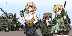  6+girls bandaged_neck bandages bike_shorts black_jumpsuit blonde_hair blue_eyes brown_hair chevron_(symbol) cigarette dshk dutchko gloves green_eyes green_hair gun heavy_machine_gun helmet holding holding_cigarette holding_tank_shell jumpsuit load-bearing_vest looking_at_map machine_gun maintenance military military_vehicle motor_vehicle multiple_girls original ponytail radio radio_antenna repairing russia short_hair sidelocks smersh t-72 tactical_clothes tactical_gloves tank tank_helmet tank_top unlit_cigarette_in_mouth vesna_(dutchko) weapon white_tank_top 