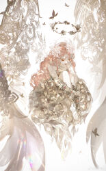  1girl absurdres angel angel_wings arm_warmers bare_shoulders barefoot bug butterfly chinese_commentary closed_eyes closed_mouth commentary_request desolation's_grace_(shining_nikki) dress expressionless eyelashes eyeshadow feathered_wings feet fetal_position floating flower flower_dress flower_halo flower_wings full_body hair_flower hair_ornament highres hugging_own_legs jewelry leaf_dress light_particles lipstick long_hair makabaka77883 makeup necklace nikki_(nikki) nikki_(series) official_alternate_color orange_eyeshadow pink_hair red_lips shining_nikki simple_background solo strapless strapless_dress toenails toes very_long_hair watermark wavy_hair weibo_watermark white_arm_warmers white_background white_dress white_flower white_wings wings 