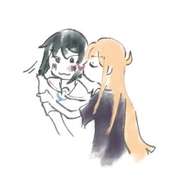 absurdres ahoge black_hair blonde_hair cho_kaguya-hime! dark highres hiphopcandycat kaguya_(cho_kaguya-hime!) kiss kissing_cheek sakayori_iroha school_uniform yuri 
