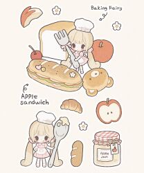  1girl apple apple_rabbit apron arrow_(symbol) baguette black_eyes blonde_hair bow bread chef_hat cherry chibi chibi_only closed_mouth commentary contrast_collar croissant dot_mouth dot_nose dress english_text expressionless film_grain food food_art fork fruit hair_ornament hair_scrunchie hand_on_own_hip hat highres hinnya72 holding holding_fork jam jar loaf_of_bread long_hair mini_person minigirl multiple_views original outline pink_bow pink_dress pink_shoes sandwich scrunchie shoes short_sleeves socks submarine_sandwich twintails untranslatable_commentary waist_apron white_apron white_hat white_outline white_socks 