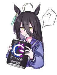  1girl ? ahoge animal_ears black_hair bow bowtie can drinking_straw drinking_straw_in_mouth ear_tag earrings energy_drink hair_between_eyes highres holding holding_can horse_ears horse_girl jewelry kikkasoon long_bangs long_hair long_hair_between_eyes long_sleeves looking_at_viewer manhattan_cafe_(umamusume) multicolored_hair purple_sailor_collar purple_shirt sailor_collar sailor_shirt school_uniform shirt single_earring solo spoken_question_mark tracen_school_uniform umamusume white_bow white_bowtie white_hair yellow_eyes zone_(energy_drink) 