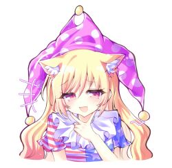  +++ 1girl :d american_flag american_flag_print american_flag_shirt animal_ear_fluff animal_ears blonde_hair blush chinese_commentary clownpiece commentary_request dot_nose fang finger_to_cheek flag_print hair_between_eyes hat highres jester_cap ke_lao_pi_pi_si kemonomimi_mode long_hair looking_at_viewer neck_ruff open_mouth polka_dot polka_dot_headwear pom_pom_(clothes) print_shirt purple_hat red_eyes shirt short_sleeves simple_background skin_fang smile solo split_mouth star_(symbol) star_print striped_clothes touhou upper_body v white_background 