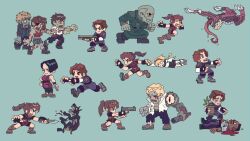  4girls 6+boys ada_wong bare_shoulders bike_shorts bike_shorts_under_shorts black_gloves black_hair black_pants black_shirt black_shorts blonde_hair blood blue_pants blue_shirt blue_shorts boots breasts brown_boots brown_hair brown_shoes chibi chibi_only child claire_redfield commentary crew_cut dark-skinned_male dark_skin dog dress english_commentary fingerless_gloves flower_pot furrowed_brow gloves green_background grey_boots grey_skirt gun hairband highres holding holding_flower_pot holding_gun holding_hands holding_knife holding_lead_pipe holding_weapon knee_pads knife lead_pipe leon_s._kennedy licker_(resident_evil) long_hair long_tongue marvin_branagh medium_breasts monster mr._x_(resident_evil) multiple_boys multiple_girls multiple_views open_mouth outstretched_arms pants parted_bangs police police_uniform ponytail red_dress red_hairband red_shirt red_shorts red_vest resident_evil resident_evil_2 running sherry_birkin shirt shoes short_hair shorts skirt sleeveless sleeveless_dress smile tongue very_long_tongue vest vitaliy_shushko weapon white_shirt william_birkin zombie zombie_dog 