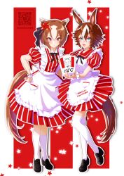  2girls absurdres animal_ears apron aru_(sweetearth84) bamboo_memory_(umamusume) black_shoes blue_eyes brown_eyes brown_hair bucket colonel_sanders commentary_request dress frilled_apron frills gold_ship_(umamusume) hair_between_eyes hair_ornament hand_on_own_hip highres holding holding_bucket horse_ears horse_girl horse_tail kfc loafers multicolored_hair multiple_girls pinwheel pinwheel_hair_ornament puffy_short_sleeves puffy_sleeves qr_code red_dress shoes short_sleeves socks standing standing_on_one_leg star_(symbol) striped_clothes striped_dress tail thigh-highs twitter_username two-tone_hair umamusume vertical-striped_clothes vertical-striped_dress watermark white_apron white_hair white_socks white_thighhighs wrist_cuffs yaeno_muteki_(umamusume) 