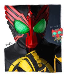  1boy animification border clenched_hand commentary compound_eyes hand_up highres kamen_rider kamen_rider_ooo kamen_rider_ooo_(series) kamen_rider_ooo_(tatoba_combo) looking_at_viewer male_focus signature tokusatsu uechi_0312 white_border 