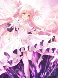1girl chest_jewel dress gem gloves high_heels highres kaname_madoka long_hair looking_at_viewer mahou_shoujo_madoka_magica mahou_shoujo_madoka_magica_(anime) pink_eyes pink_gem pink_hair sakusakupenpen smile solo soul_gem_(madoka_magica) thighhighs ultimate_madoka white_dress white_gloves white_thighhighs