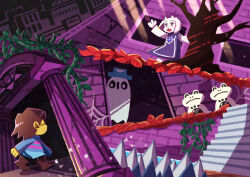 1girl 2others absurdres androgynous animal_ears bare_tree blue_sweater boots brown_boots brown_hair closed_eyes colored_skin column commentary_request delta_rune_(symbol) frisk_(undertale) froggit furry furry_female hat highres horns in-universe_location leaf long_sleeves multiple_others napstablook pillar plant ruins_(undertale) short_hair silk spider_web spikes stairs sweater toriel tree undertale utdr_(toby_fox) vines watawata22 yellow_skin