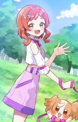  1girl :d absurdres aqua_eyes bare_shoulders blue_sky blush blush_stickers bow brown_fur buttons clothing_cutout clouds cloudy_sky commentary cowboy_shot cropped_shirt day dog dutch_angle frilled_shirt frilled_sleeves frills from_side grass hair_ornament hairclip heart heart_hair_ornament highres hiiragi_syuu holding holding_leash inukai_iroha inukai_komugi inukai_komugi_(dog) leash looking_at_viewer midriff motion_lines neck_ribbon open_hand open_mouth orange_hair outdoors papillon_(dog) pawpads pink_bow pink_ribbon precure purple_shorts red_eyes ribbon shirt short_hair_with_long_locks short_sleeves shorts shoulder_cutout sky smile spread_fingers suspender_shorts suspenders tree two-tone_fur waving white_background white_fur white_shirt wonderful_precure! 