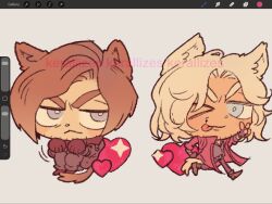  >_o 2boys :< :p ;p black_gloves blonde_hair brown_hair coat company_connection crossover devil_may_cry_(series) fingerless_gloves gloves heart highres kemonomimi_mode kerallizes leon_s._kennedy multiple_boys one_eye_closed open_clothes open_coat red_coat resident_evil resident_evil_requiem short_hair tail tongue tongue_out v wolf_boy wolf_tail 