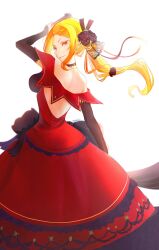  1girl absurdres bare_shoulders black_dress bridal_gauntlets commentary_request dress from_behind highres long_hair orange_hair ponytail priscilla_barielle re:zero_kara_hajimeru_isekai_seikatsu red_dress red_eyes simple_background smile solo white_background yuhaku 