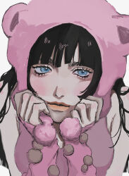  1girl animal_ears bear_ears black_hair blue_eyes blunt_bangs blush commentary_request eyelashes fake_animal_ears hand_on_own_cheek hand_on_own_face higashikata_daiya highres jojo_no_kimyou_na_bouken jojolion long_hair long_sleeves looking_at_viewer odoruzatta orange_lips pink_hood pink_sleeves pom_pom_(clothes) solo 